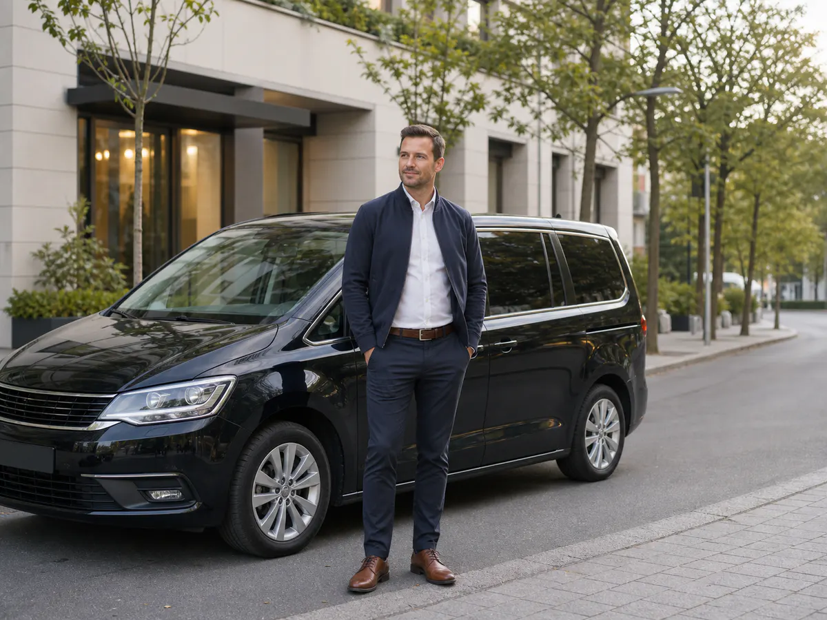 Fahrer steht neben einem dunklen Fahrzeug des Fahrdienstes.